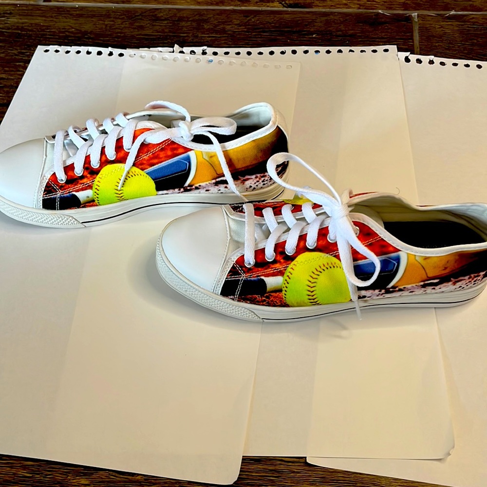 Women’s size 11 softball printed on canvas shoes,‎ never worn